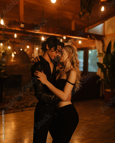 Romantic couple dancing in warm ambient lighting