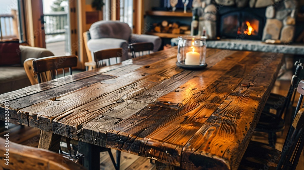 A rustic dining table made from reclaimed wood, with visible grain patterns and knots, set against a backdrop of a stone fireplace A rustic dining table made from reclaimed wood, with visible grain patterns and knots, set against a backdrop of a stone fireplace