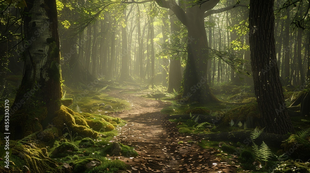Fototapeta premium A rustic pathway winding through a dense forest, with tree trunks covered in moss and sunlight filtering through the leaves