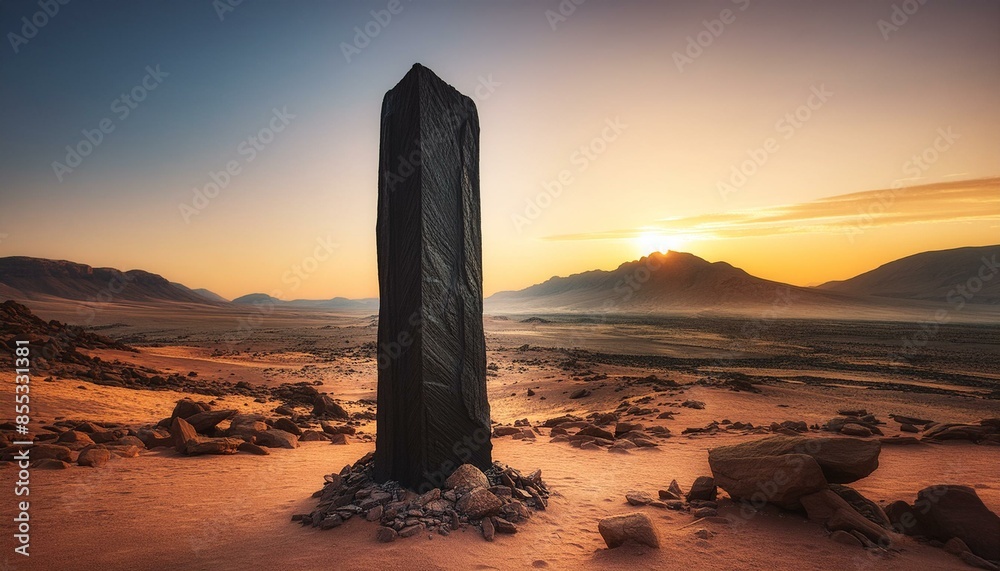 black monolithic rock in a desert landscape