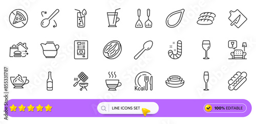 Lounge, Calories and Prohibit food line icons for web app. Pack of Candy, Pumpkin seed, Wine glass pictogram icons. Food delivery, Dishes, Pecan nut signs. Doppio, Coffee vending, Coffee cup. Vector