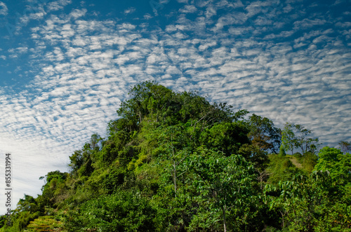 Green mountain with a blue sky with several white clouds
