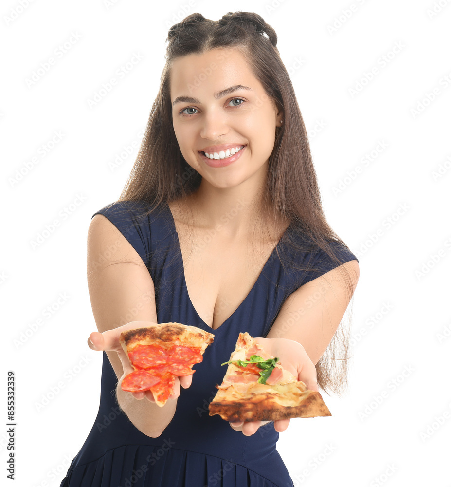 Beautiful young woman with slices of tasty pizza isolated on white background Beautiful young woman with slices of tasty pizza isolated on white background