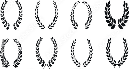 Set black silhouette circular laurel foliate, wheat and oak wreaths depicting an award, achievement, heraldry, nobility on white background. Emblem floral greek branch flat style - stock vector photo