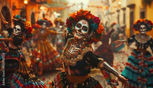 Hari festival tradisional orang mati, sekelompok orang menari dengan gembira