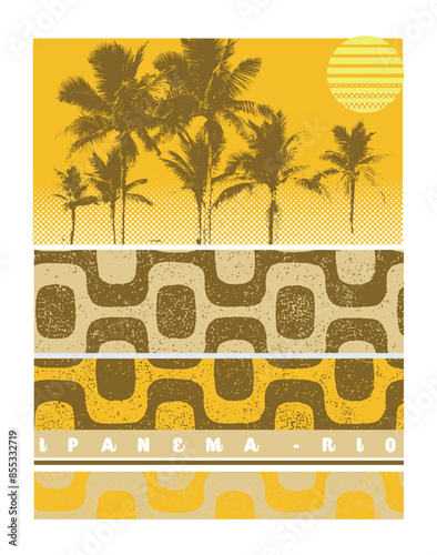 Vector illustration in graphic style of landscape of the waterfront of Ipanema, Rio de Janeiro, Brazil. Art with geometric and abstract motifs.