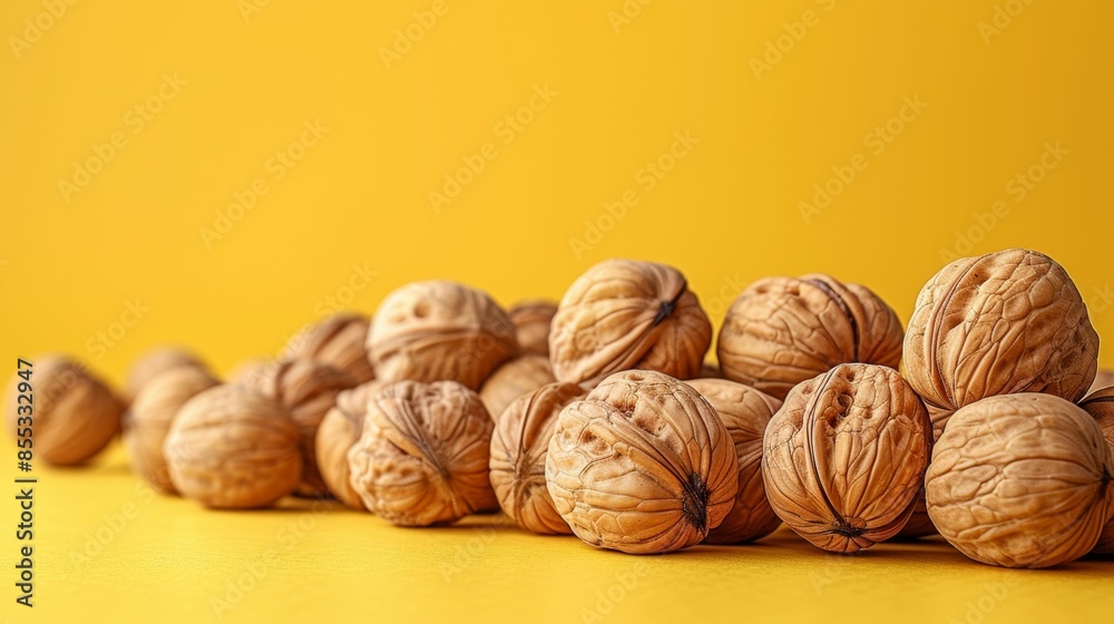 AI generated illustration of a pile of walnuts on a yellow background AI generated illustration of a pile of walnuts on a yellow background