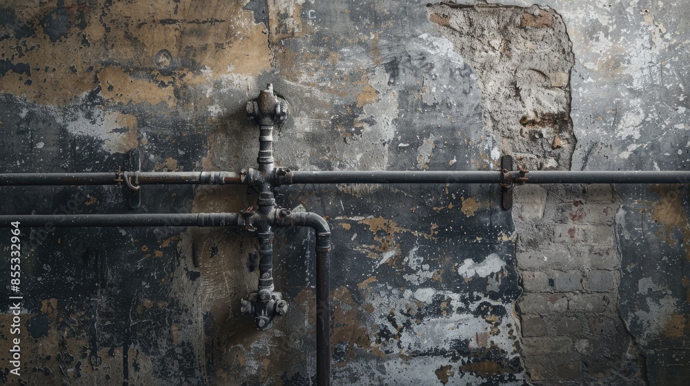 Text space on dirty wall next to insulated pipes