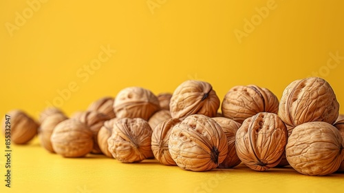 AI generated illustration of a pile of walnuts on a yellow background