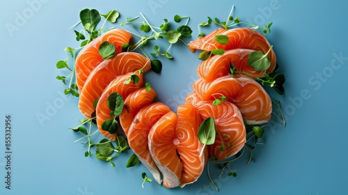 AI generated illustration of a heart-shaped arrangement of fresh salmon sashimi on a blue background
