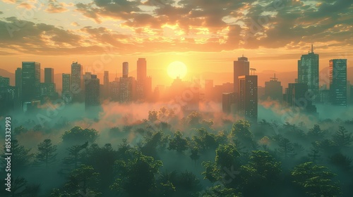 Green Planet Awakening: AI-Generated Sunrise Over Future City Skyline #855332993