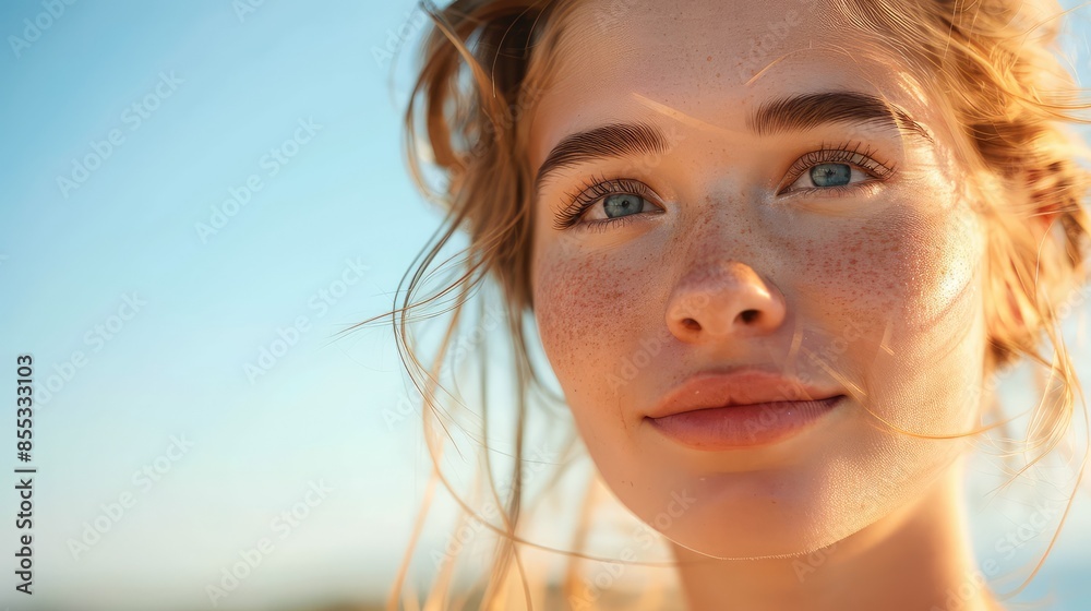 Portrait of a Young Girl with Freckles and Blue Eyes in Soft Focus Background Portrait of a Young Girl with Freckles and Blue Eyes in Soft Focus Background