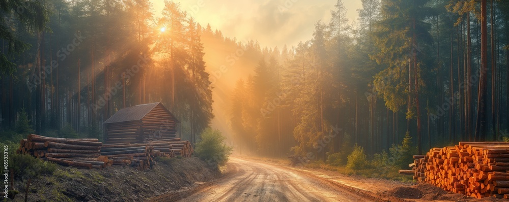 Fototapeta premium A serene forest scene with a log cabin beside a dirt road, illuminated by a soft, warm sunrise