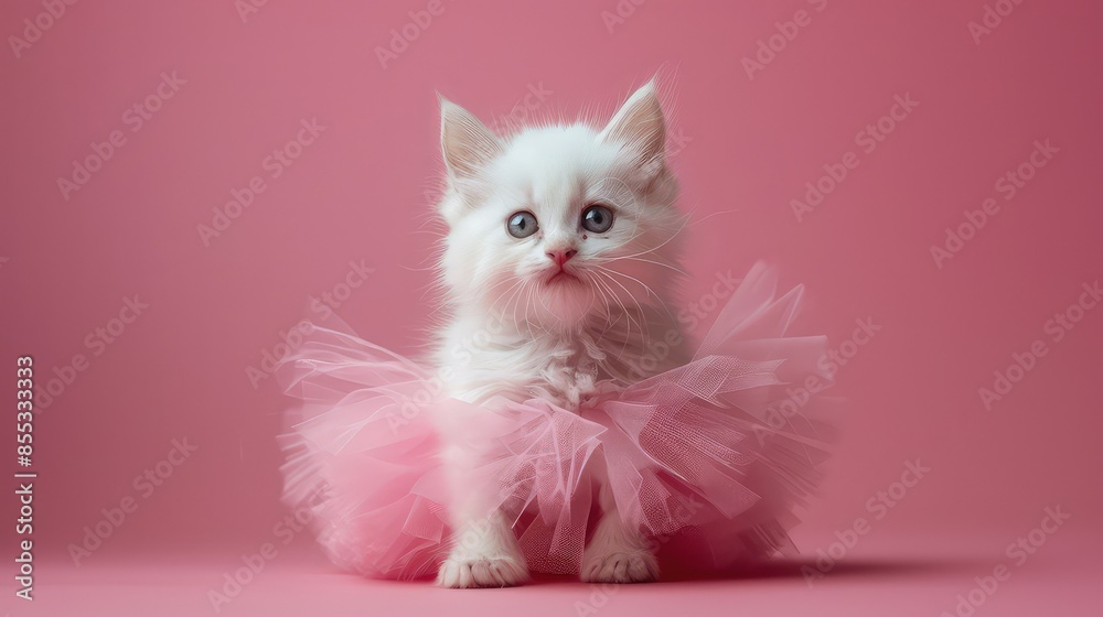 Adorable White Kitten in Pink Tutu Skirt Posing on a Seamless Plain Background Adorable White Kitten in Pink Tutu Skirt Posing on a Seamless Plain Background