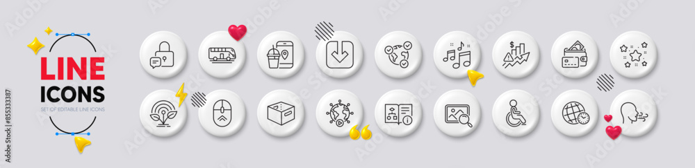 Office box, Load document and Breathing exercise line icons. White buttons 3d icons. Pack of Rise price, Music, Online voting icon. Disability, Stars, Bus tour pictogram. Vector Office box, Load document and Breathing exercise line icons. White buttons 3d icons. Pack of Rise price, Music, Online voting icon. Disability, Stars, Bus tour pictogram. Vector