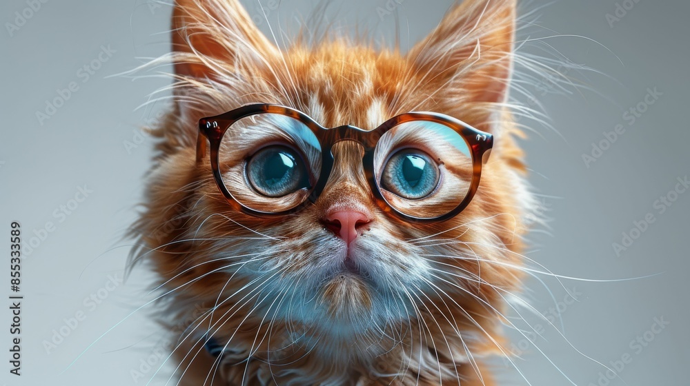 A cat wearing glasses is staring at the camera
