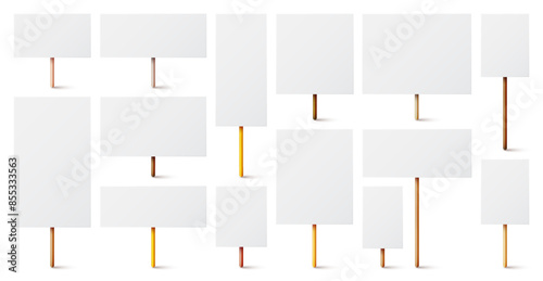 Blank white protest sign with wooden holder. Various realistic vector demonstration banners. Strike action cardboard placard mockup. Social advertisement. Vector illustration