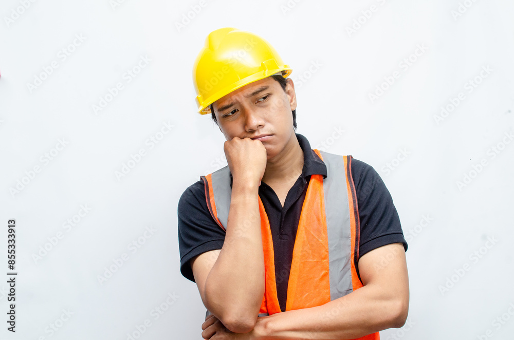 Title	
young asian man construction worker using yellow helmet and orange vest makes a thinking gesture. asian male worker in pensive expression while thinking looking for idea.