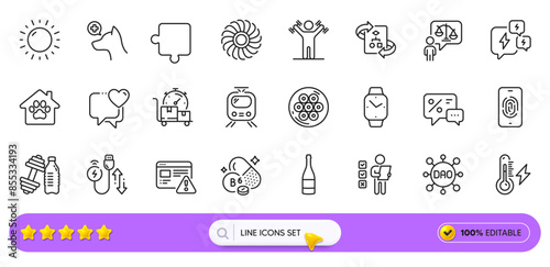 Pet shelter, Electricity power and Fan engine line icons for web app. Pack of Fast delivery, Charging cable, Sunny weather pictogram icons. Puzzle, Smartwatch, Dumbbells workout signs. Vector