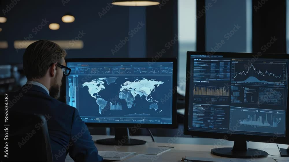 Back view data scientist analyzing big data, with visualizations on the screen, in a contemporary office Back view data scientist analyzing big data, with visualizations on the screen, in a contemporary office