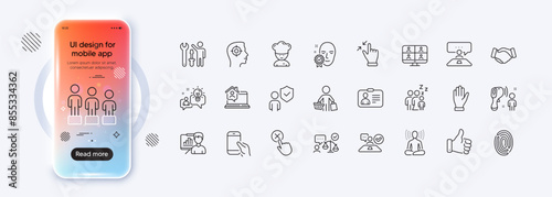 Hold smartphone, Like hand and Electronic thermometer line icons for web app. Phone mockup gradient screen. Pack of Interview job, Job interview, Work home pictogram icons. Vector
