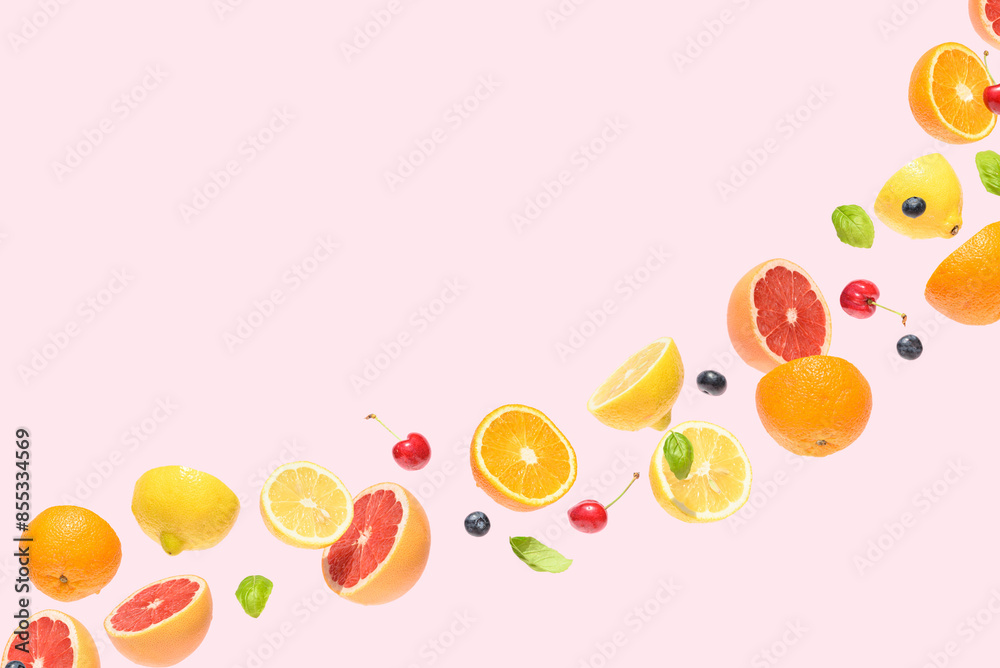 Fruits on a pink background. Summer aesthetic food concept. Minimal style. Copy space. Fruits on a pink background. Summer aesthetic food concept. Minimal style. Copy space.