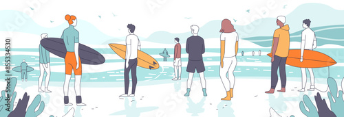 Surfers holding surfboards standing on beach looking at ocean waves seagulls flying in sky coastal landscape minimalistic style