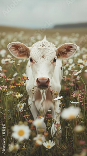A young calf stands in a field of flowers, looking curiously at the camera