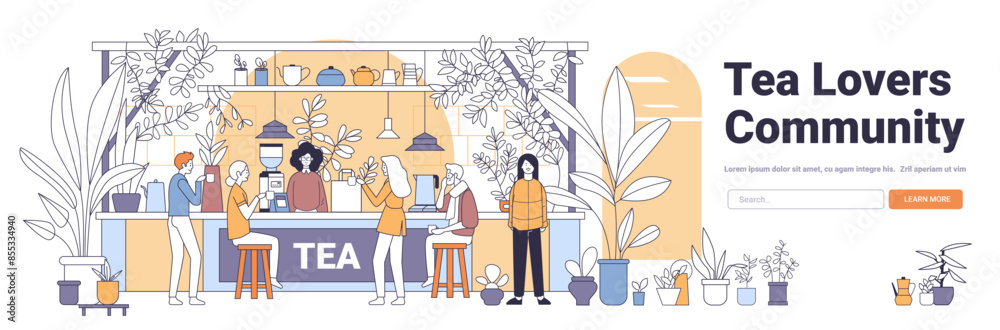 Tea shop scene with people enjoying drinks surrounded by plants and tea accessories modern line art style cozy atmosphere community Tea shop scene with people enjoying drinks surrounded by plants and tea accessories modern line art style cozy atmosphere community