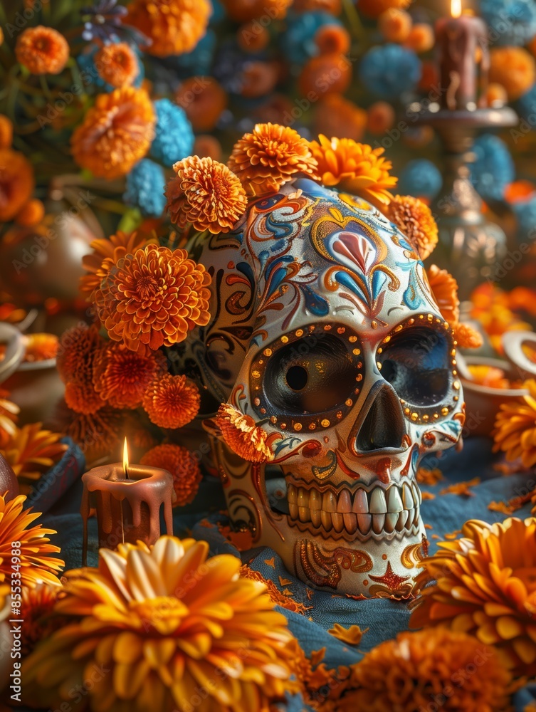 Close-up of a beautifully decorated sugar skull, surrounded by marigold flowers and candles Close-up of a beautifully decorated sugar skull, surrounded by marigold flowers and candles