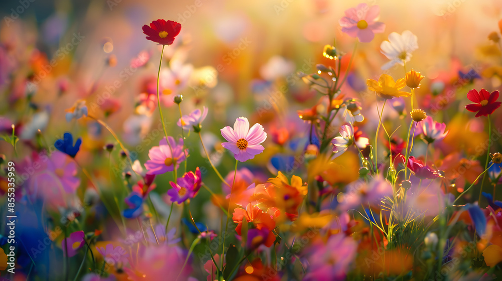 A field of flowers with a bright blue flower in the middle A field of flowers with a bright blue flower in the middle