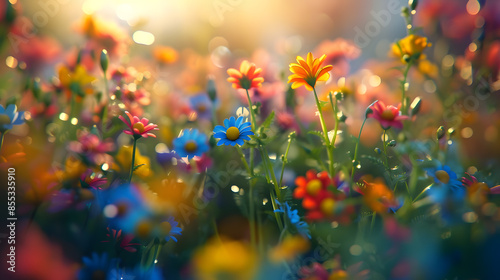 A field of flowers with a bright blue flower in the middle © JuroStock