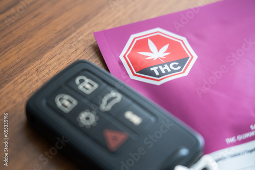 Car keys next to a pack of edibles containing THC