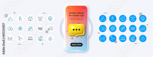 Phone mockup with 3d chat icon. Shield, Sports arena and Swipe up line icons. Pack of Vitamin c, Cursor, Seo analysis icon. Stairs, Battery, Microphone pictogram. Vector