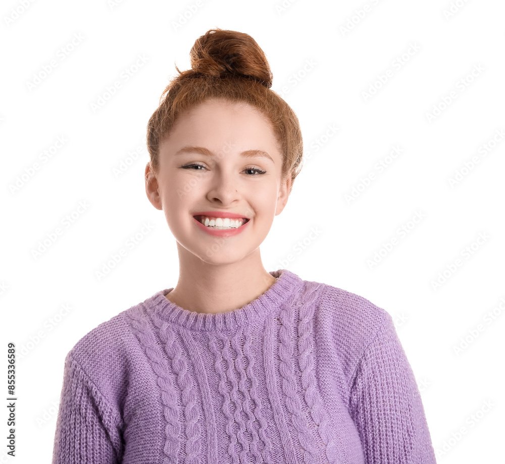Portrait of happy redhead woman on white background Portrait of happy redhead woman on white background