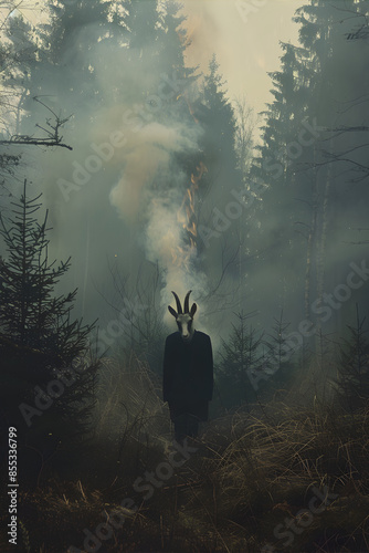 Person wearing animal mask in the dark forest. Religious ideas and traditions of buffoonery. 
