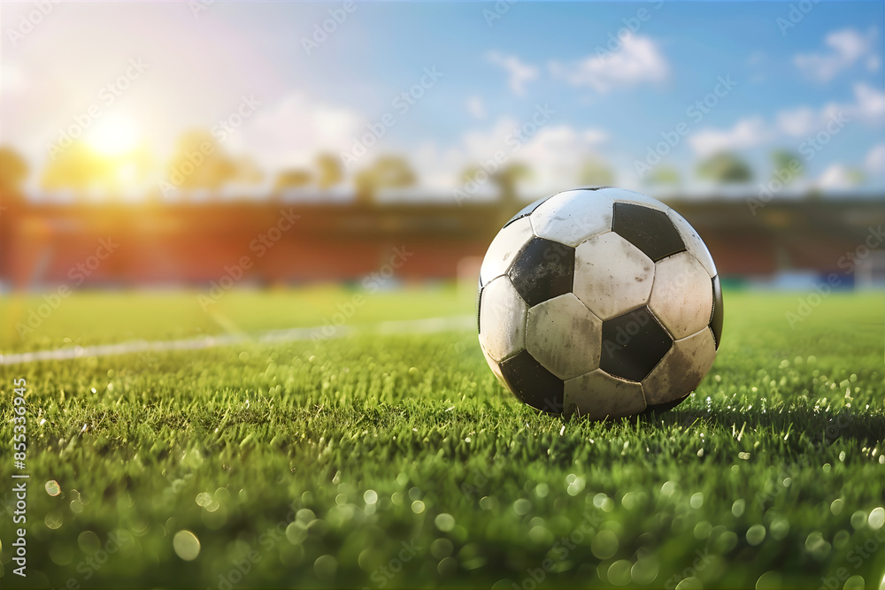 Fototapeta premium Close up Soccer ball against blurred stadium background. Close up of a football ball. Soccer Championship banner with copy space. Flying soccer ball into the goal.