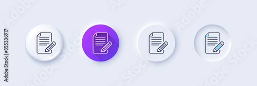 Feedback line icon. Neumorphic, Purple gradient, 3d pin buttons. Page with pencil sign. Copywriting symbol. Line icons. Neumorphic buttons with outline signs. Vector