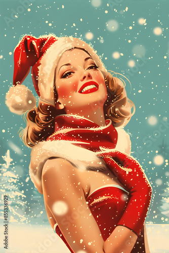 Retro style Christmas illustration of a woman in santa claus hat on the blue background. Old style postcard, poster for Christmas or New Year celebration.