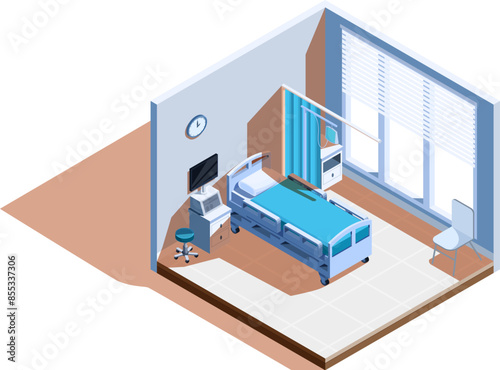 isometric hospital room interior with furniture and equipment, vector illustration