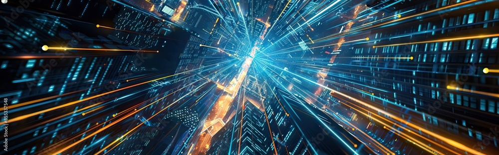 Futuristic city, skyscraper, with wavelengths, abstract color lines, night scene, bright ambience, intricate lights, smart city concept. Digital illustration, mixed media. AI generated illustration Futuristic city, skyscraper, with wavelengths, abstract color lines, night scene, bright ambience, intricate lights, smart city concept. Digital illustration, mixed media. AI generated illustration