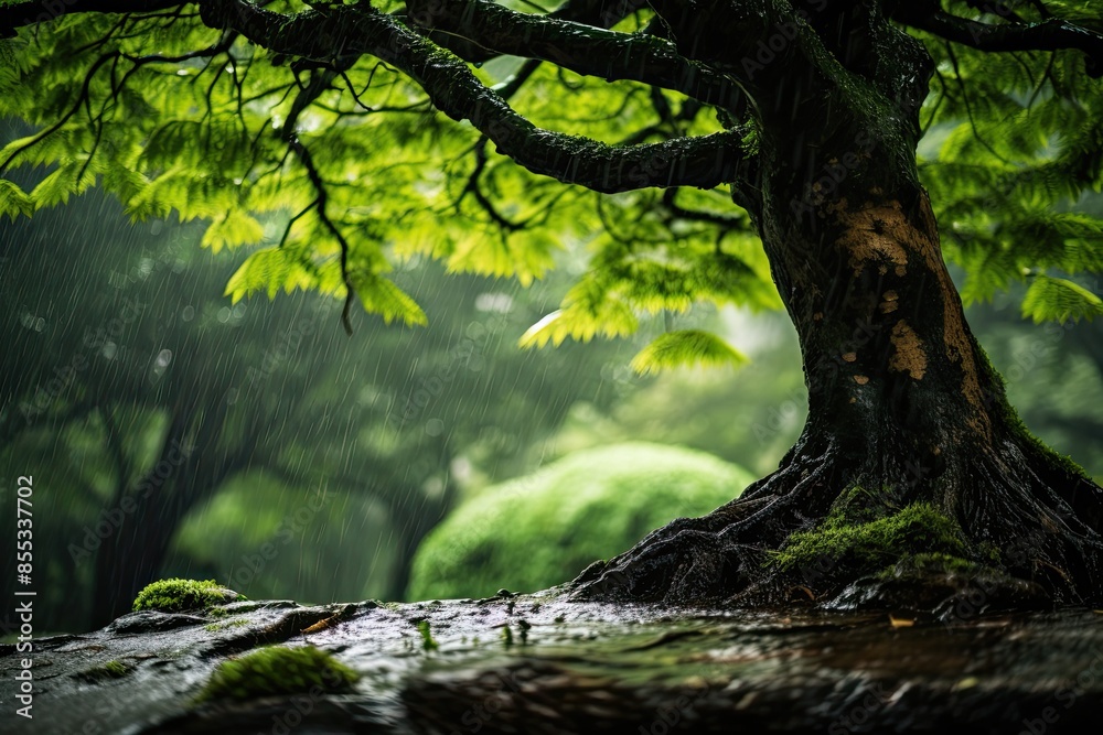 Fototapeta premium Lush tree surrounded by rain-soaked moss, Tranquil scene rain falling on mossy forest floor.