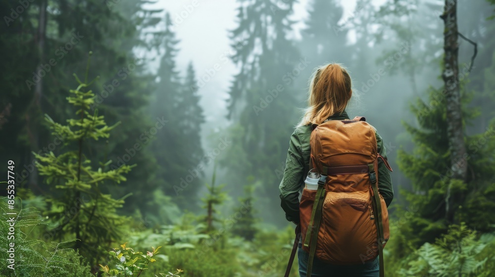 A woman wearing a backpack hikes through a dense forest with a misty background A woman wearing a backpack hikes through a dense forest with a misty background