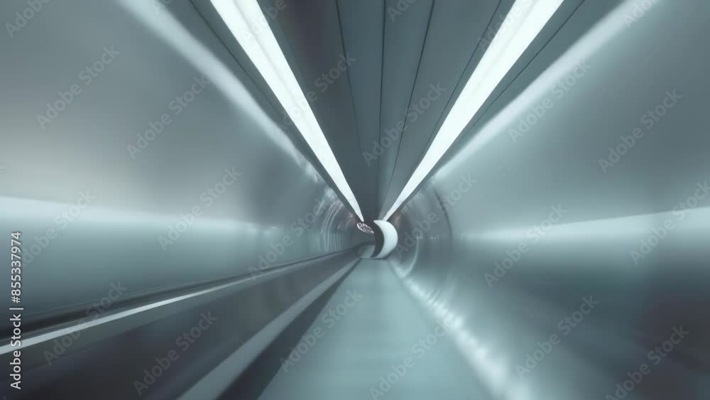 A serene underground tunnel with a futuristic, curved design, illuminated by strip lights along the ceiling. The sleek, metallic walls add to the modern aesthetic. Evening time.