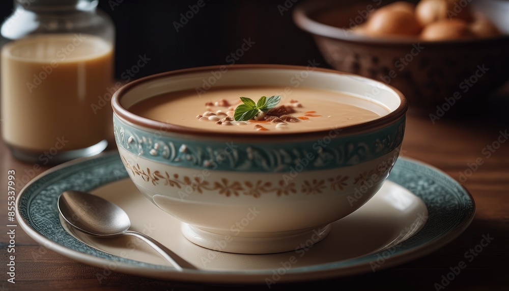 Warm lighting sets the scene for a delicious bowl of soup, topped with herbs and crunchy toppings, in a cozy setting Warm lighting sets the scene for a delicious bowl of soup, topped with herbs and crunchy toppings, in a cozy setting