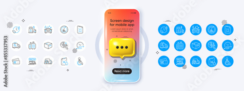Phone mockup with 3d chat icon. Office box, Delivery truck and Charging time line icons. Pack of Car service, Car wash, Shuttle bus icon. Canister oil, Disability, Search flight pictogram. Vector