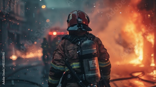 A firefighter walks through smoke and flames in an urban setting. The scene is chaotic and intense