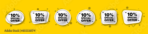10 percent discount offer tag. Speech bubble 3d icons set. Sale price promo sign. Special offer symbol. Discount chat talk message. Speech bubble banners with comma. Text balloons. Vector