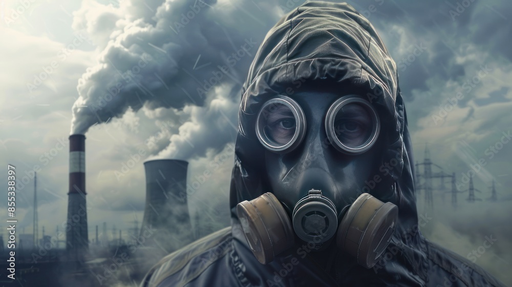 A person with a disaster protection gas mask hood from nuclear gas. AI generated image A person with a disaster protection gas mask hood from nuclear gas. AI generated image