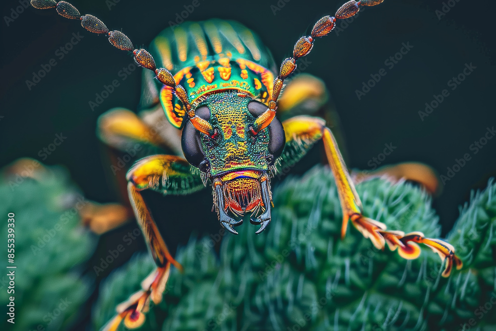 Fototapeta premium Vibrant macro shot iridescent beetle close up in jungle setting, gazing at camera